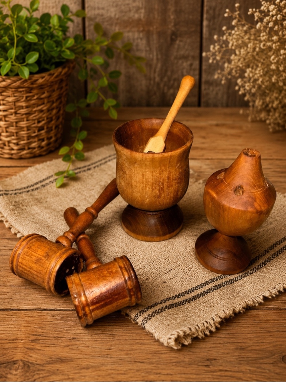 Vtg MINI 5pc Wooden spice holder scoop salt & pepper shaker and toothpick holder